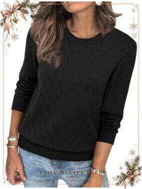 Women's Crew Neck Eyelet Knit Long Sleeve Pullover Sweater Casual